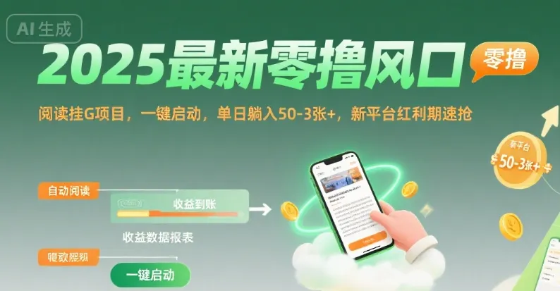 2025最新零撸风口，阅读挂G项目，一键启动，单日躺入 50-3张+，新平台红利期速抢【揭秘】-一起筹课网