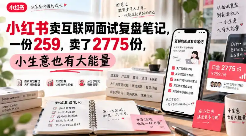 小红书卖互联网面试复盘笔记，一份259，卖了2775份，小生意也有大能量-一起筹课网