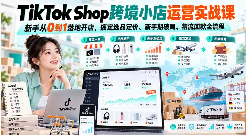 TikTok Shop跨境小店运营实战课，新手从0到1落地开店，搞定选品定价、新手期破局、物流回款全流程-一起筹课网