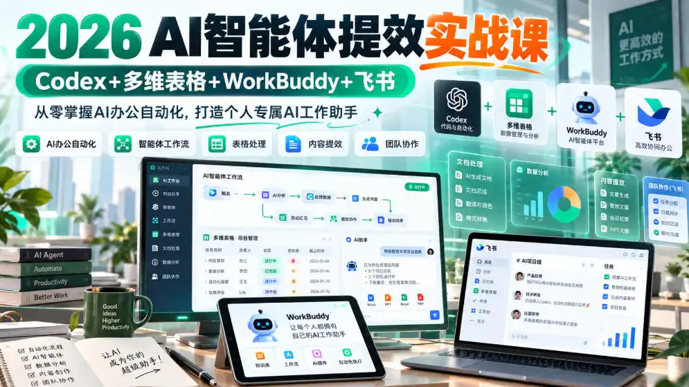 2026 AI智能体提效实战课：Codex+多维表格+WorkBuddy+飞书，从零掌握AI办公自动化，打造个人专属AI工作助手-一起筹课网