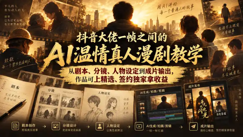 抖音大佬一帧之间的AI温情真人漫剧教学，从剧本、分镜、人物设定到成片输出，作品可上精选、签约独家拿收益-一起筹课网