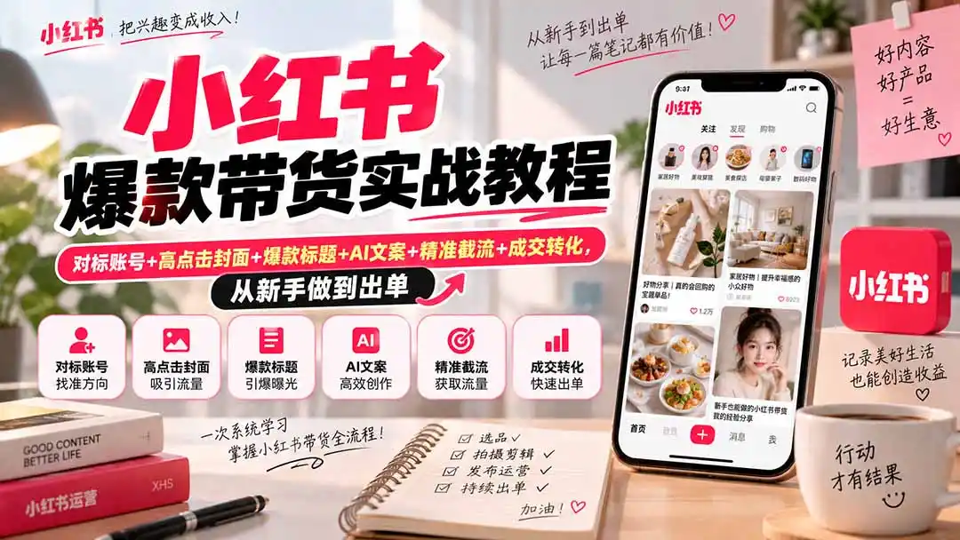 小红书爆款带货实战教程｜对标账号+高点击封面+爆款标题+AI文案+精准截流+成交转化，从新手做到出单-一起筹课网