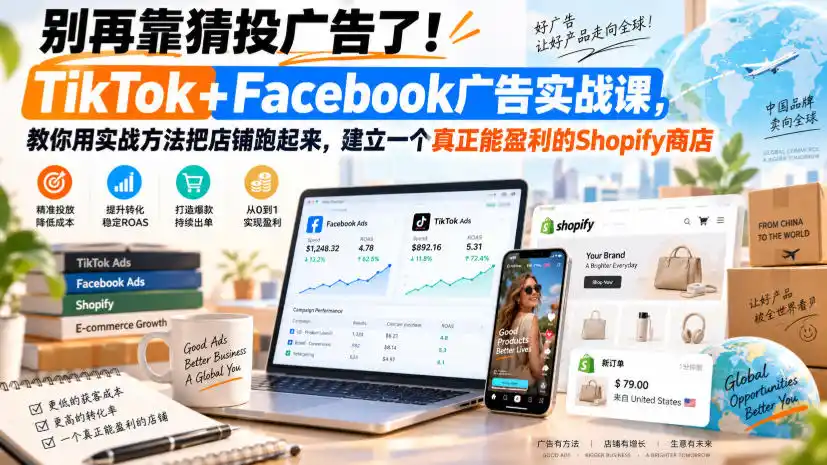 别再靠猜投广告了！TikTok+Facebook广告实战课，教你用实战方法把店铺跑起来，建立一个真正能盈利的Shopify商店【原创双语字幕】-一起筹课网