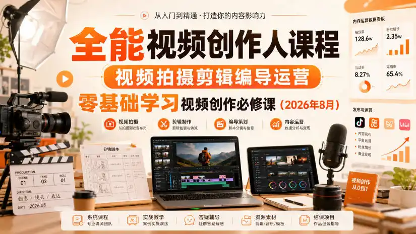 全能视频创作人课程，视频拍摄剪辑编导运营，零基础学习视频创作必修课(2026年8月)-一起筹课网