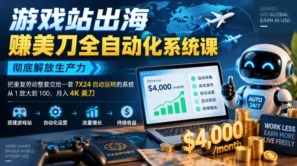 游戏站出海賺美刀全自动化系统课，彻底解放生产力–把重复劳动整套交给一套7X24自动运转的系统，从1放大到100，月入4K美刀-一起筹课网