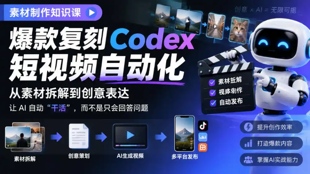 素材制作知识课,爆款复刻Codex短视频自动化,从素材拆解到创意表达,让AI自动“干活”,而不是只会回答问题-一起筹课网