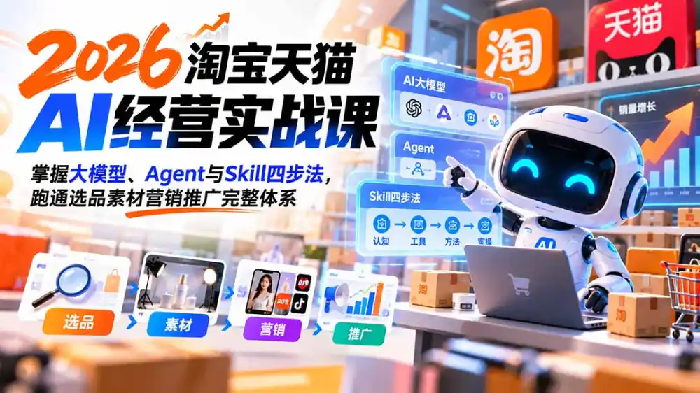 【无水印】2026淘宝天猫AI经营实战课：掌握大模型、Agent与Skill四步法，跑通选品素材营销推广完整体系-一起筹课网