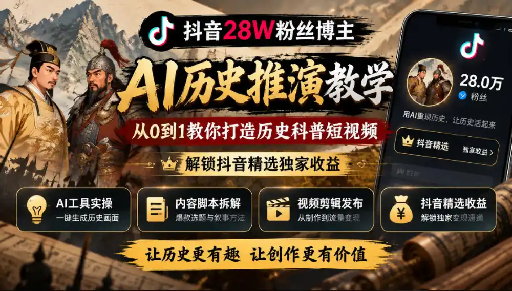 抖音28W粉丝博主的AI历史推演教学,从0到1教你打造历史科普短视频,解锁抖音精选独家收益-一起筹课网