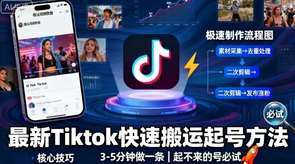最新Tiktok快速搬运快速起号方法，3-5分钟做一条，起不来的号可以试试-一起筹课网