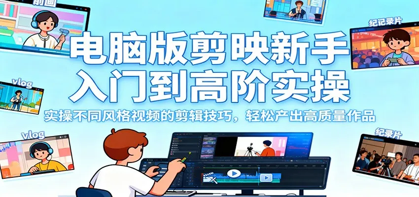 电脑版剪映新手入门到高阶实操,实操不同风格视频的剪辑技巧,轻松产出高质量作品-一起筹课网