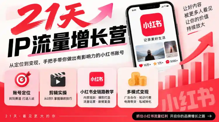 21天IP流量增长营，小红书全链路教学，账号定位剪辑实操，多模式变现系统课-一起筹课网