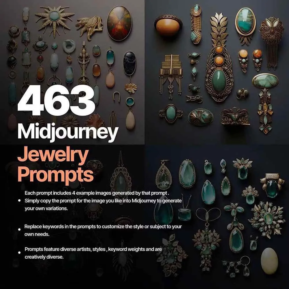 463个Midjourney珠宝摄影提示词：覆盖全品类珠宝，AI设计秒出专业效果