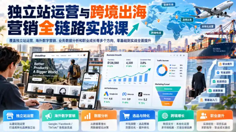 独立站运营与跨境出海营销全链路实战课，覆盖独立站运营、海外数字营销、业务数据分析和职业成长等多个方向，零基础到实战全面提升-一起筹课网