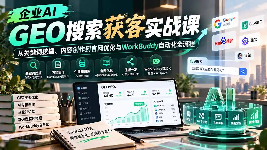 企业AI GEO搜索获客实战课：从关键词挖掘、内容创作到官网优化与WorkBuddy自动化全流程-一起筹课网