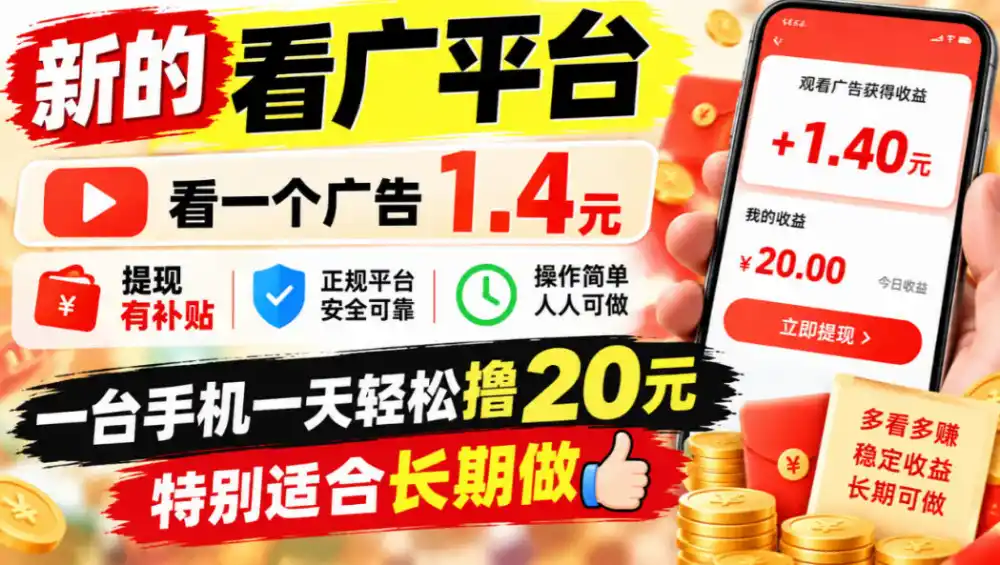 一个新的看广平台，看一个广告1.4元，提现有补贴,一台手机一天轻松撸20+，特别适合长期做【揭秘】-一起筹课网