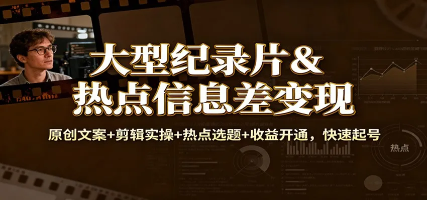 大型纪录片&热点信息差变现：原创文案+剪辑实操+热点选题+收益开通，快速起号-一起筹课网