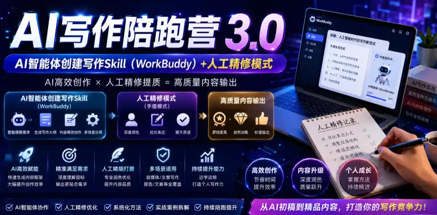 AI写作陪跑营3.0，Ai智能体创建写作skill(workbuddy)+人工手写模式(手搓模式)，去除AI痕迹(头条号、公众号、百家号)(更新0814)-一起筹课网