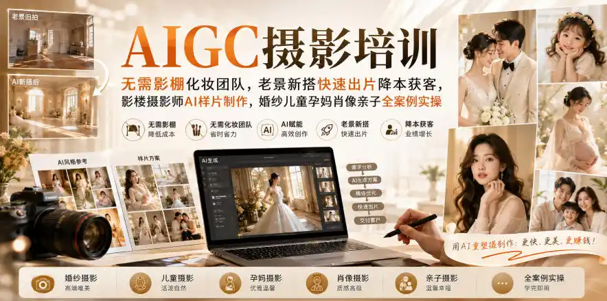 AIGC摄影培训|无需影棚化妆团队,老景新搭快速出片降本获客,影楼摄影师AI样片制作,婚纱儿童孕妈肖像亲子全案例实操-一起筹课网