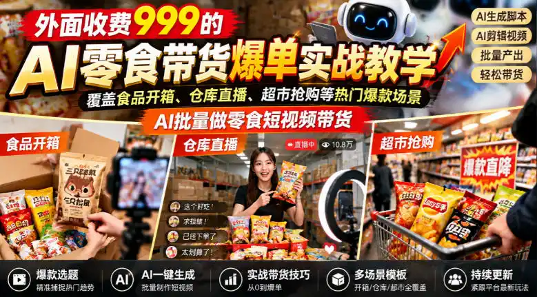 外面收费999的AI零食带货爆单实战教学，覆盖食品开箱、仓库直播、超市抢购等热门爆款场景，AI批量做零食短视频带货-一起筹课网