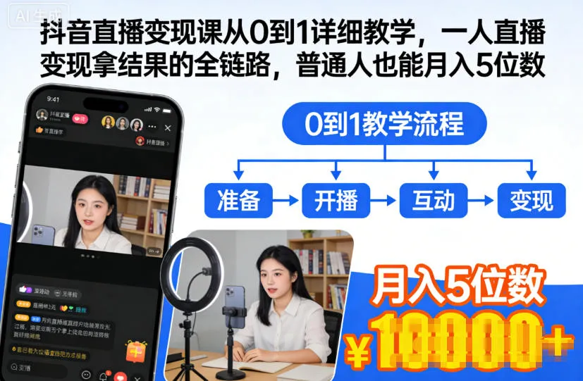 抖音直播变现课从0到1详细教学，一人直播变现拿结果的全链路，普通人也能月入5位数-一起筹课网