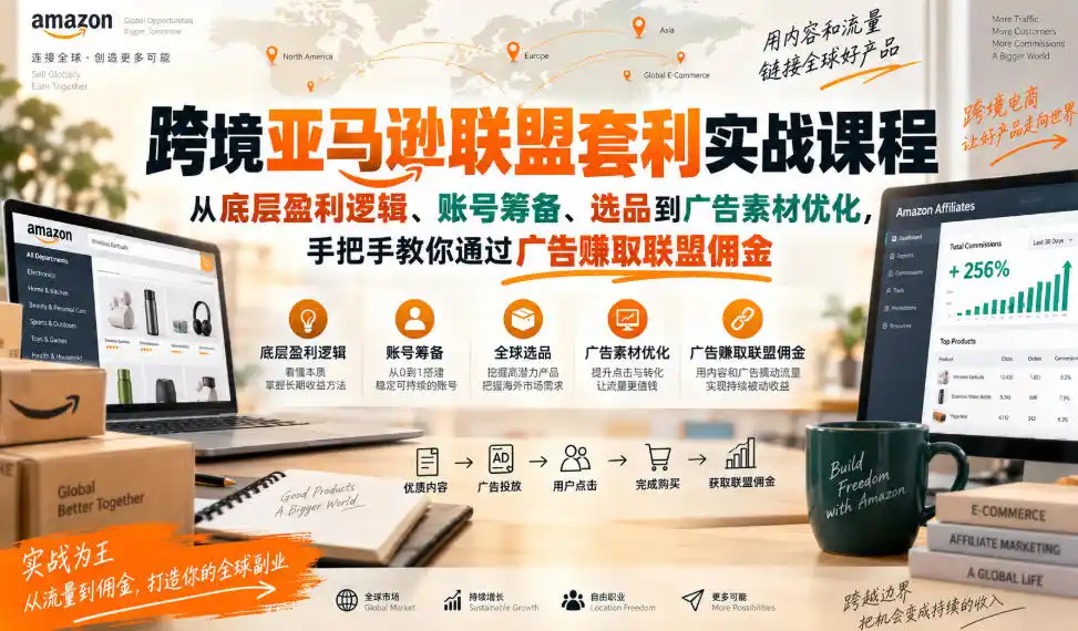 跨境亚马逊联盟套利实战课程，从底层盈利逻辑、账号筹备、选品到广告素材优化，手把手教你通过广告賺取联盟佣金-一起筹课网