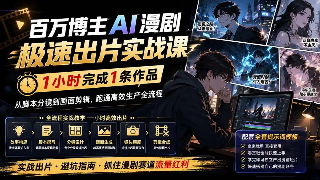 百万博主AI漫剧极速出片实战课：1小时产出条作品，从脚本分镜到画面剪辑，跑通高效生产全流程-一起筹课网