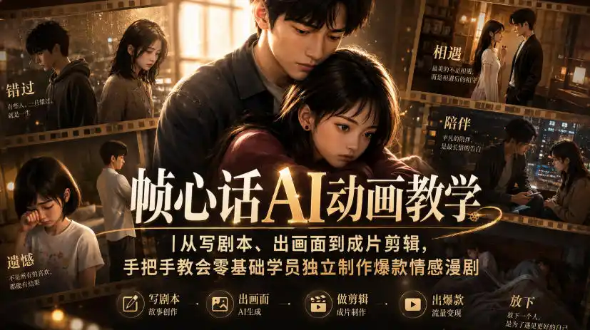 帧心话AI动画教学｜从写剧本、出画面到成片剪辑，手把手教会零基础学员独立制作爆款情感漫剧-一起筹课网