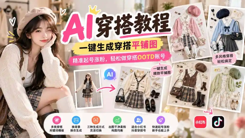 【无水印】AI穿搭教程｜一键生成穿搭平铺图，精准起号涨粉，轻松做穿搭OOTD账号-一起筹课网