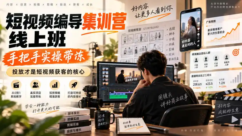 短视频编导集训营线上班，手把手实操带冻，投放才是短视频获客的核心-一起筹课网