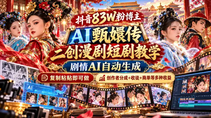 抖音83W粉博主AI甄嬛传二创漫剧短剧教学｜剧情AI自动生成，复制粘贴即可做，各大平台创作者分成+收徒等多种收益-一起筹课网