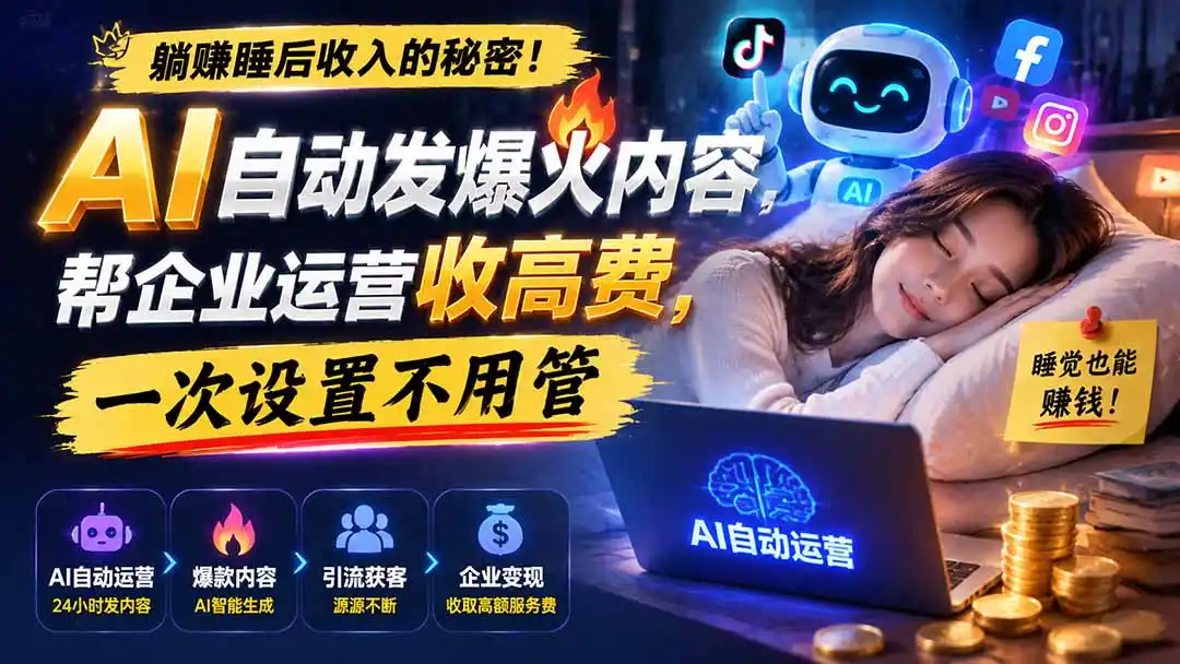躺赚睡后收入的秘密！AI 自动发爆火内容，帮企业运营收高费，一次设置不用管【原创双语字幕】-一起筹课网