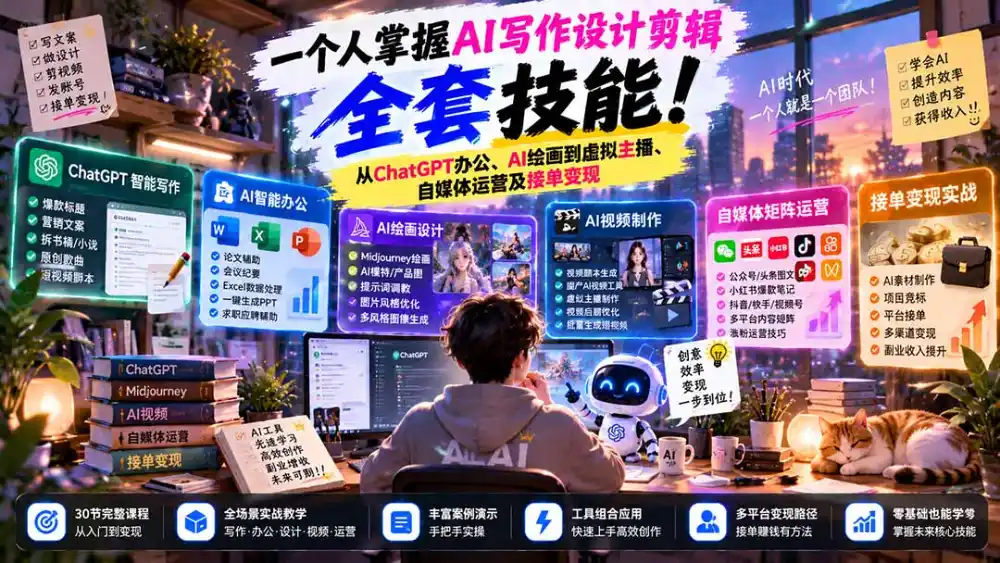 一个人掌握AI写作设计剪辑全套技能：从ChatGPT办公、AI绘画到虚拟主播、自媒体运营及接单变现-一起筹课网