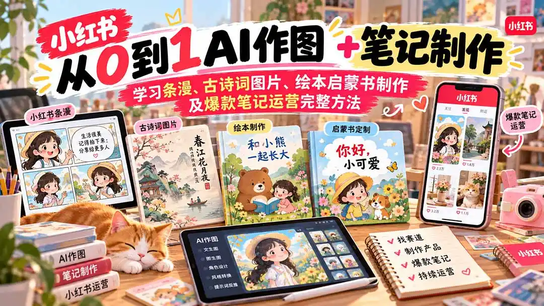 2026小红书AI内容创作从0到1-更新1009：学习条漫、古诗词图片、绘本启蒙书制作及爆款笔记运营完整方法-一起筹课网