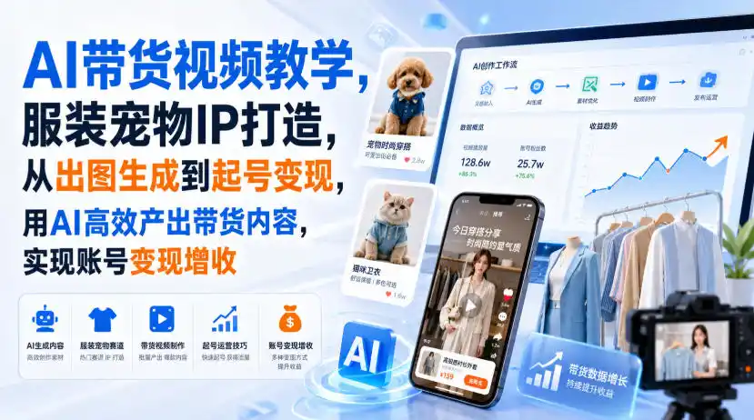 AI带货视频教学，服装宠物IP打造，从出图生成到起号变现，用AI高效产出带货内容，实现账号变现增收-一起筹课网