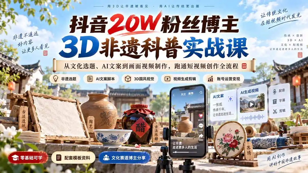 抖音20W粉丝博主3D非遗科普实战课：从文化选题、AI文案到画面视频制作，跑通短视频创作全流程-一起筹课网