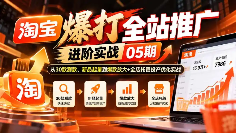 淘宝爆打全站推广进阶实战05期：从30款测款、新品起量到爆款放大+全店托管投产优化实战-一起筹课网