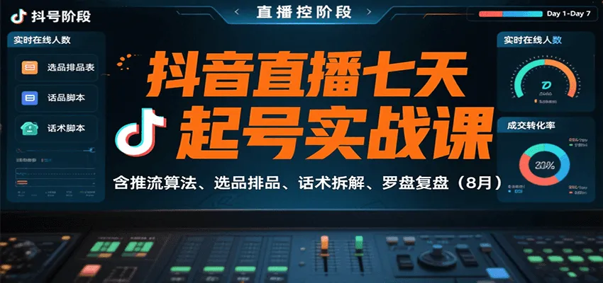 抖音直播七天起号实战课：含推流算法、选品排品、话术拆解、罗盘复盘(8月)-一起筹课网