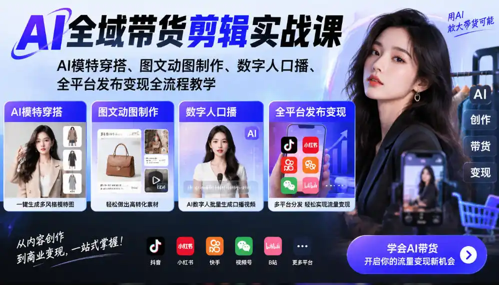 AI全域带货剪辑实战课｜AI模特穿搭、图文动图制作、数字人口播、全平台发布变现全流程教学-一起筹课网