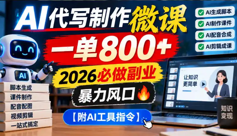 AI代写制作微课，一单800+，2026必做副业，暴力风口【附AI工具指令】【揭秘】-一起筹课网