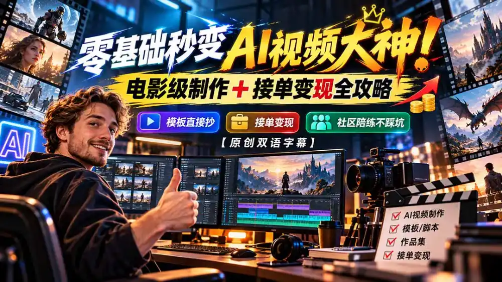 零基础秒变AI视频大神!电影级制作 + 接单变现全攻略,模板直接抄,社区陪练不踩坑【原创双语字幕】-一起筹课网