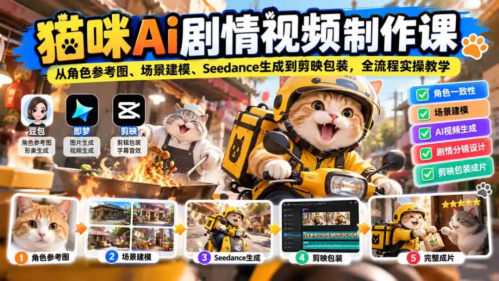 猫咪AI剧情视频制作课：从角色参考图、场景建模、Seedance生成到剪映包装，全流程实操教学-一起筹课网