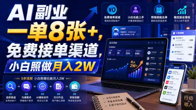 AI副业一单8张+，免费接单渠道，小白照做月入2W【揭秘】-一起筹课网