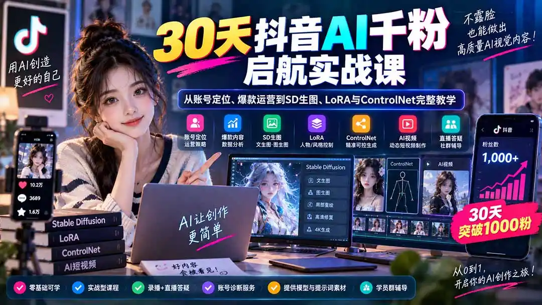30天抖音AI千粉启航实战课：从账号定位、爆款运营到SD生图、LoRA与ControlNet完整教学-一起筹课网