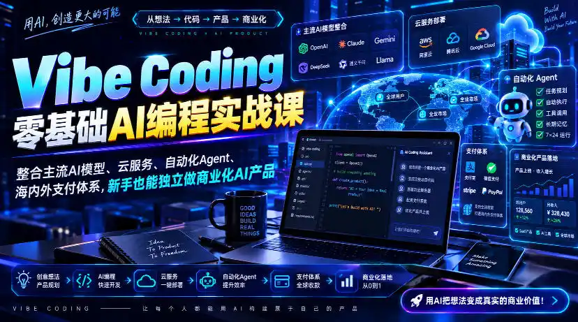 Vibe Coding零基础AI编程实战课-无水印，整合主流AI模型、云服务、自动化Agent、海内外支付体系，新手也能独立做商业化AI产品-一起筹课网