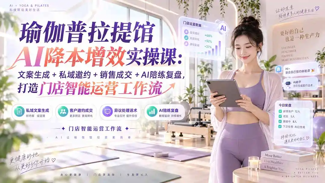 瑜伽普拉提馆AI降本增效实操课：文案生成+私域邀约+销售成交+AI陪练复盘，打造门店智能运营工作流-一起筹课网