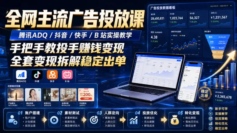 全网主流广告投放课，腾讯ADQ / 抖音 / 快手 / B 站实操教学，手把手教投手赚钱变现，全套变现拆解稳定出单-一起筹课网
