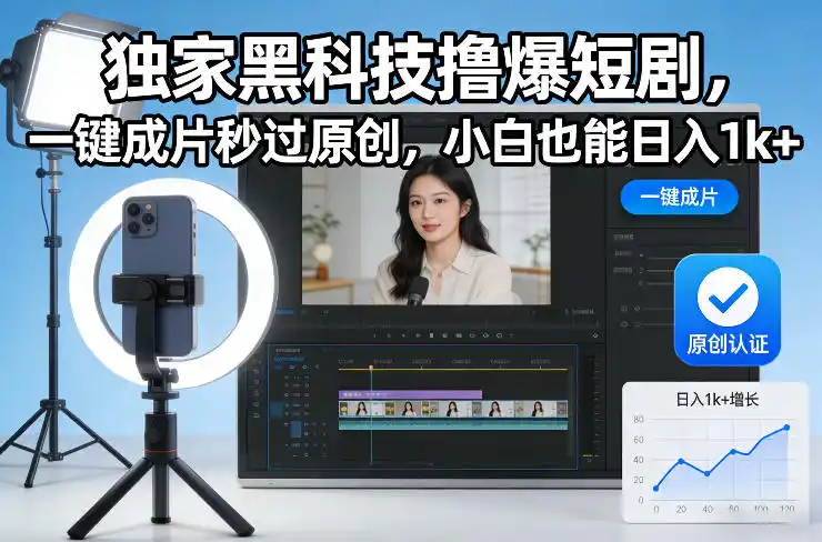 独家黑科技撸爆短剧，一键成片秒过原创，小白也能日入1k+【揭秘】-一起筹课网