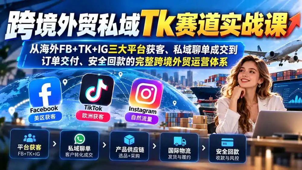 跨境外贸私域Tk赛道实战课：从海外FB+TK+IG三大平台获客、私域聊单成交到订单交付、安全回款的完整跨境外贸运营体系-一起筹课网
