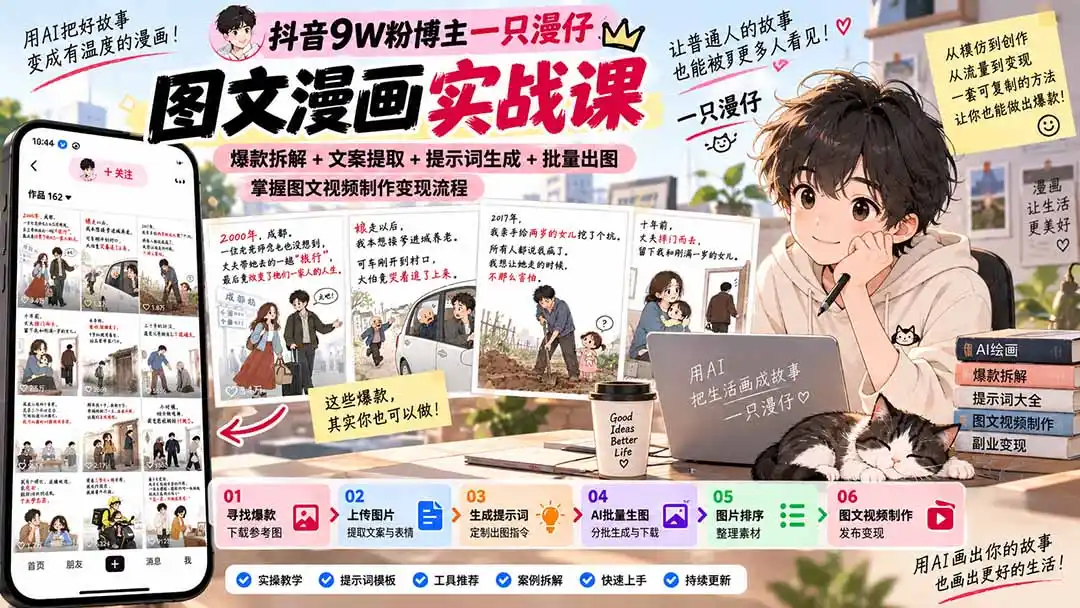 抖音9W粉博主一只漫仔图文漫画课：爆款拆解+文案提取+提示词生成+批量出图，掌握图文视频制作变现流程-一起筹课网