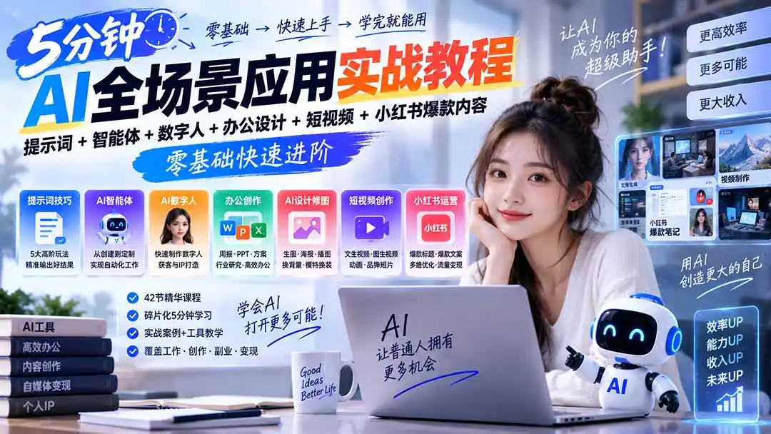 AI全场景应用实战教程｜提示词+智能体+数字人+办公设计+短视频+小红书爆款内容，零基础快速进阶-一起筹课网